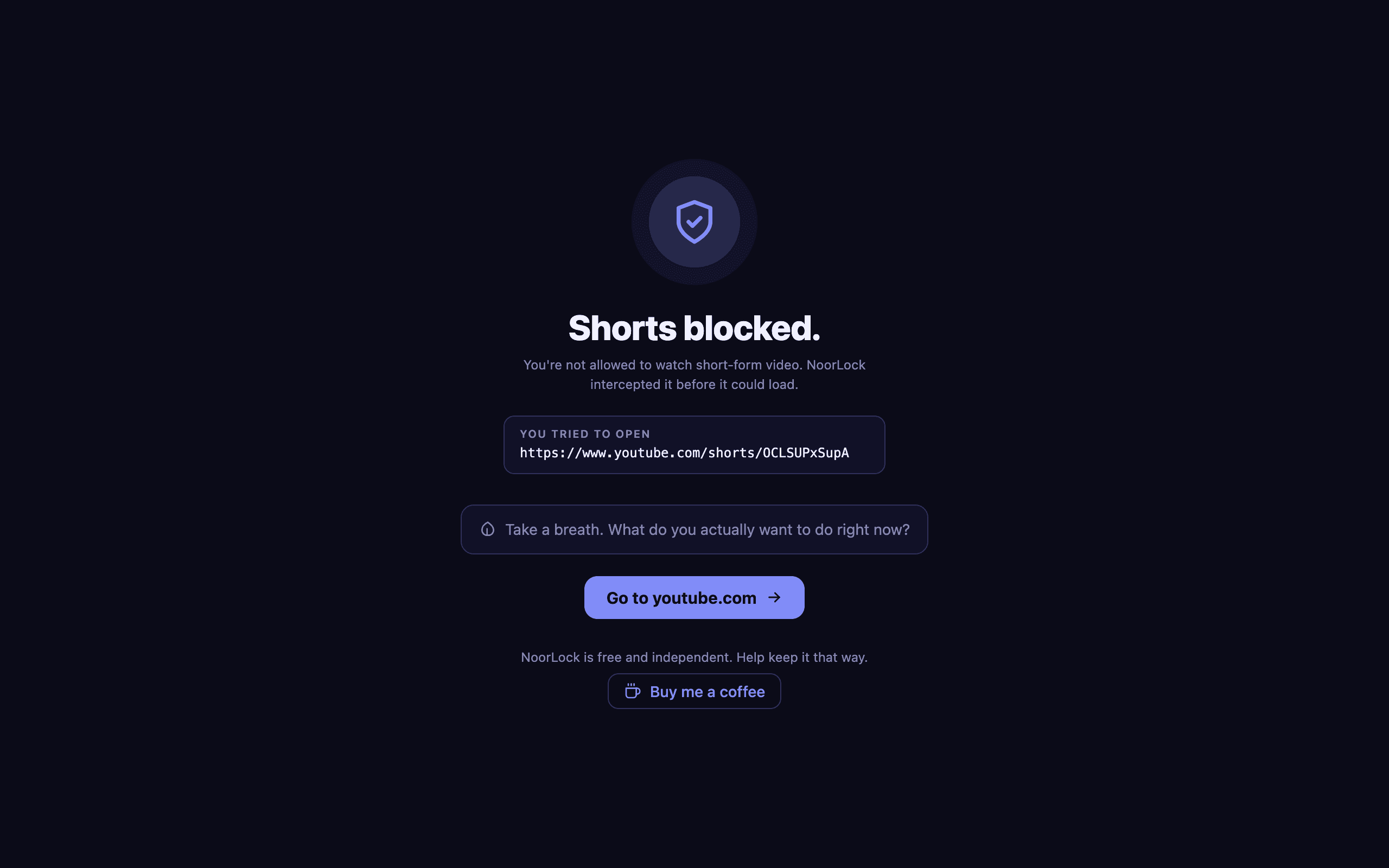 NoorLock's blocked page after intercepting a YouTube Shorts URL